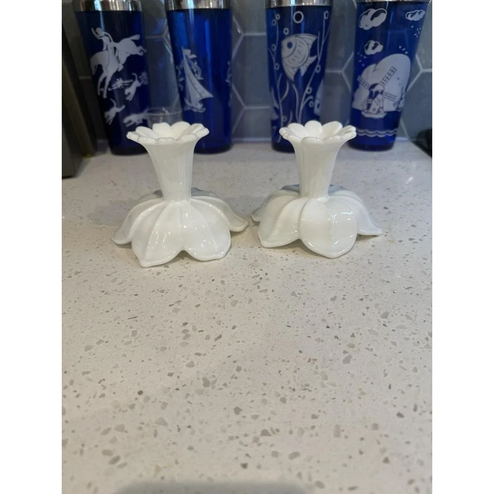 Westmoreland Milk Glass Lotus Pair Of Single Candle Stick Holders Mid Century